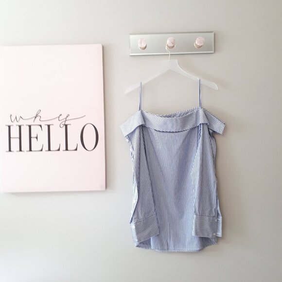 EUC Unknown brand white & blue stripe cotton blouse with statement neckline - Picture 4 of 8